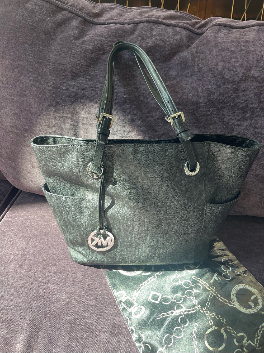 Michael Kors Black Monogram Tote Bag Silver Hardware